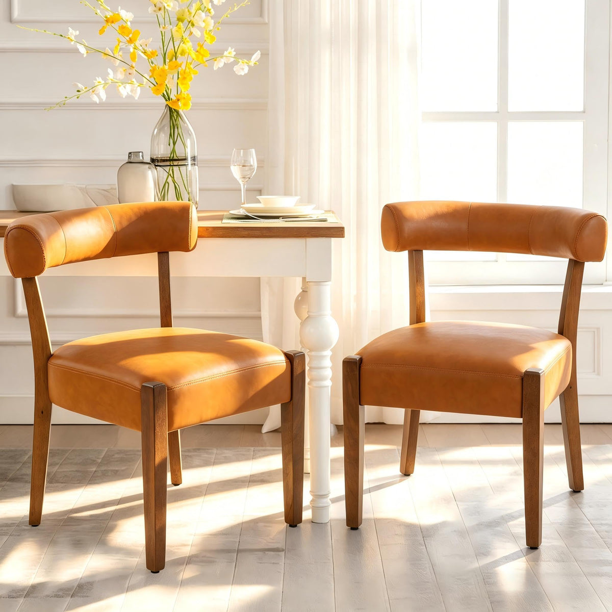 RNKSFX Modern Dining Chairs Set of 4, Faux Leather Upholstered Kitchen & Dining Room Chairs, Mid Century Modern Wooden Dining Chairs Oversized Sturdy Rounded Chairs Curved Back, Beige