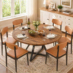 Concho 55" Round Table for 4-6, Circle Dining Dinner Table with Pedestal Metal Frame, Space Saving Wood Kitchen & Dining Room Furniture, Rustic Brown