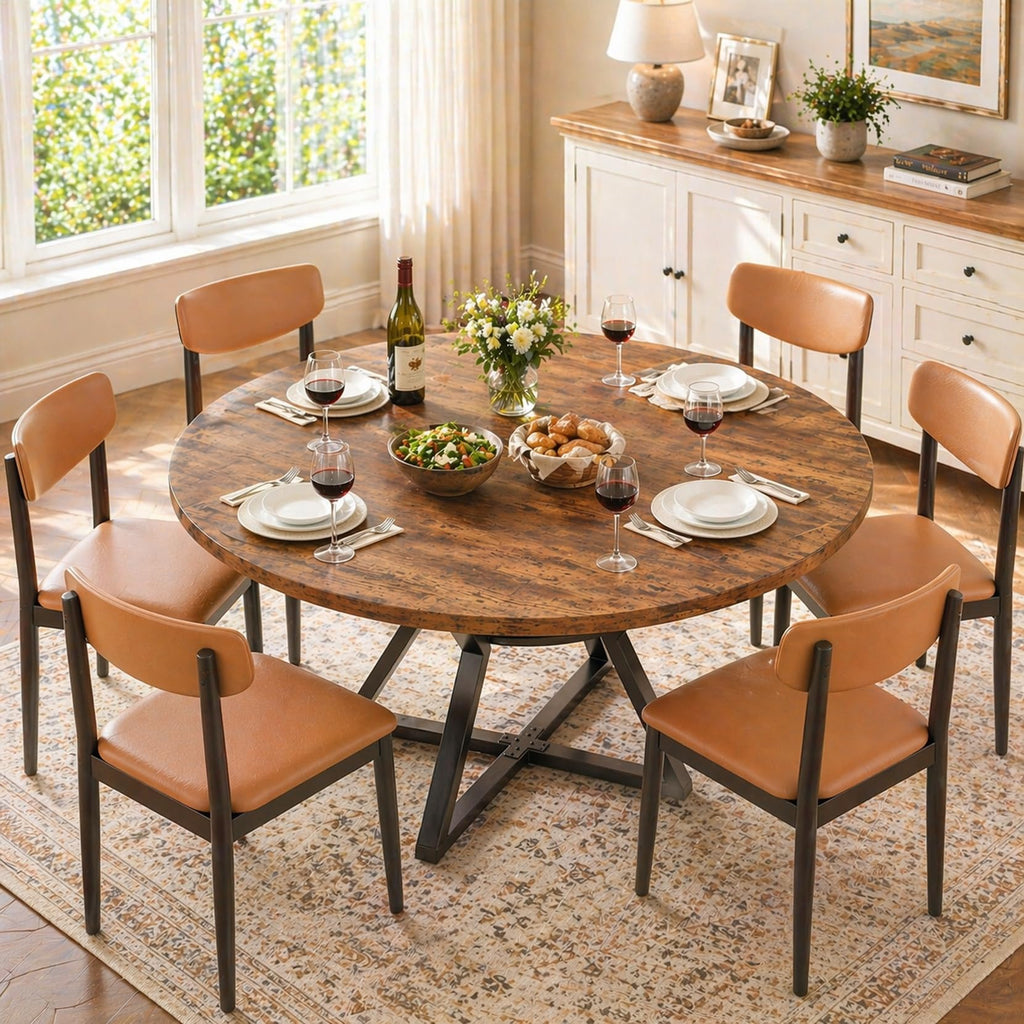 Concho 55" Round Table for 4-6, Circle Dining Dinner Table with Pedestal Metal Frame, Space Saving Wood Kitchen & Dining Room Furniture, Rustic Brown