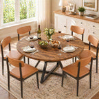 Concho 55" Round Table for 4-6, Circle Dining Dinner Table with Pedestal Metal Frame, Space Saving Wood Kitchen & Dining Room Furniture, Rustic Brown