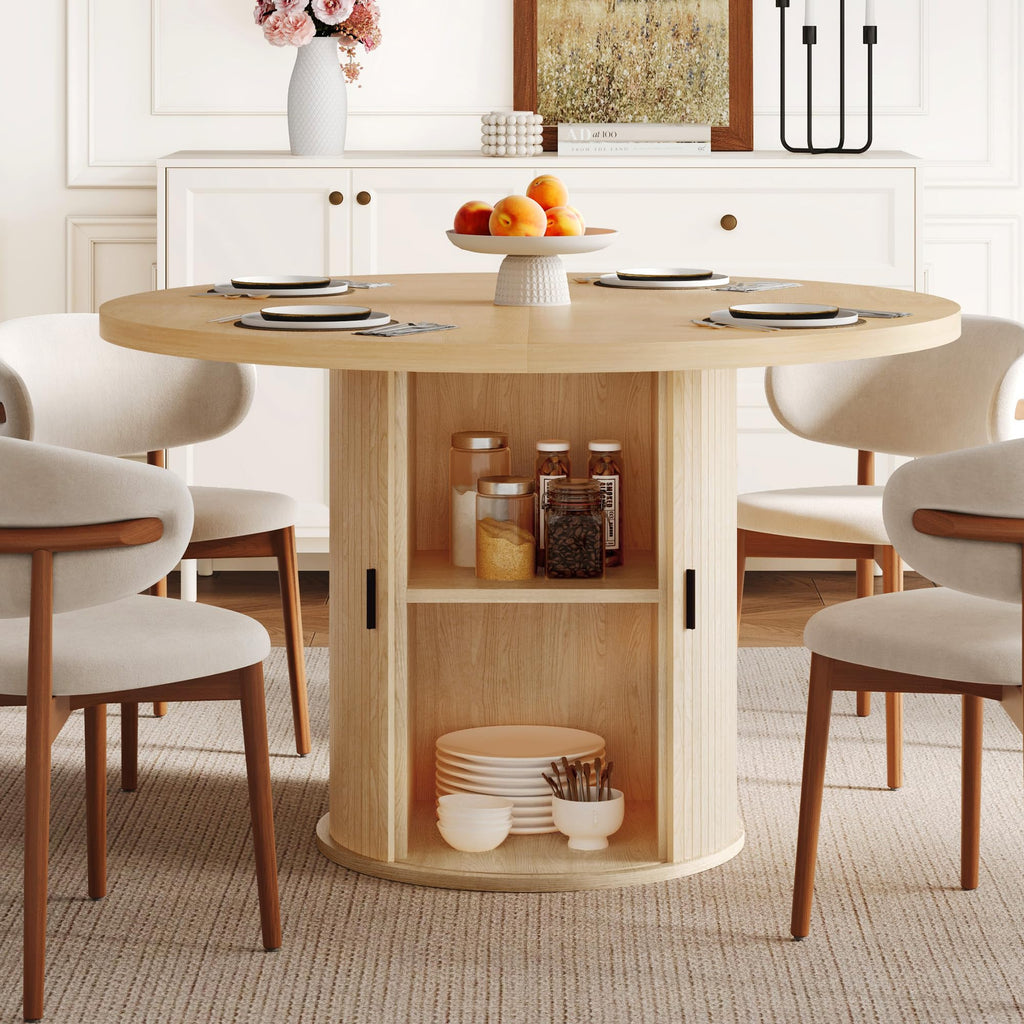 47 inch Round Dining Table for 4-6, Dinner Table with 2-Layer Storage Shelf, Morden Circle Kitchen Table with Wooden Strip Base and Wood Slide Door for Home Dining Room, Living Room, Walnut