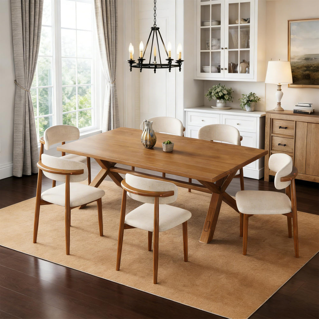 Wooden Dining Chairs Set of 4 Mid Century Modern Upholstered Farmhouse Dining Room Chair with Solid Wood Legs, Fabric Kitchen Side Chairs with Ergonomic Curved Backrest (4, Walnut + Beige)