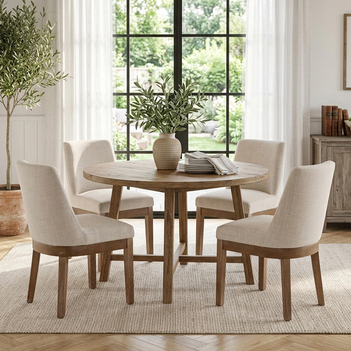 HNY Modern Dining Chairs Set of 6 with Comfortable Back Support, Farmhouse Soft Linen Upholstered Kitchen Dining Room Chairs with Solid Wood Legs, Armless Accent Side Chairs for Living Room, Beige