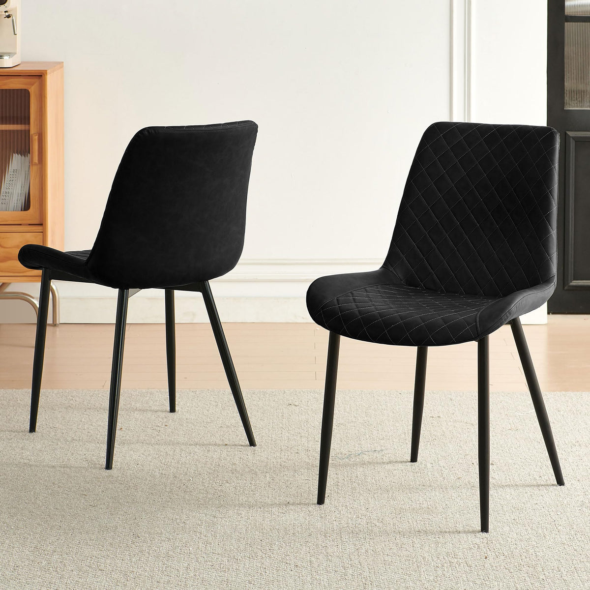 PU Leather Dining Chairs Set of 4, Modern Armless Dining Room Chairs, Comfy Upholstered Kitchen Chairs with Backrest, Black Metal Legs for Living Room, Dinning Room, Beige