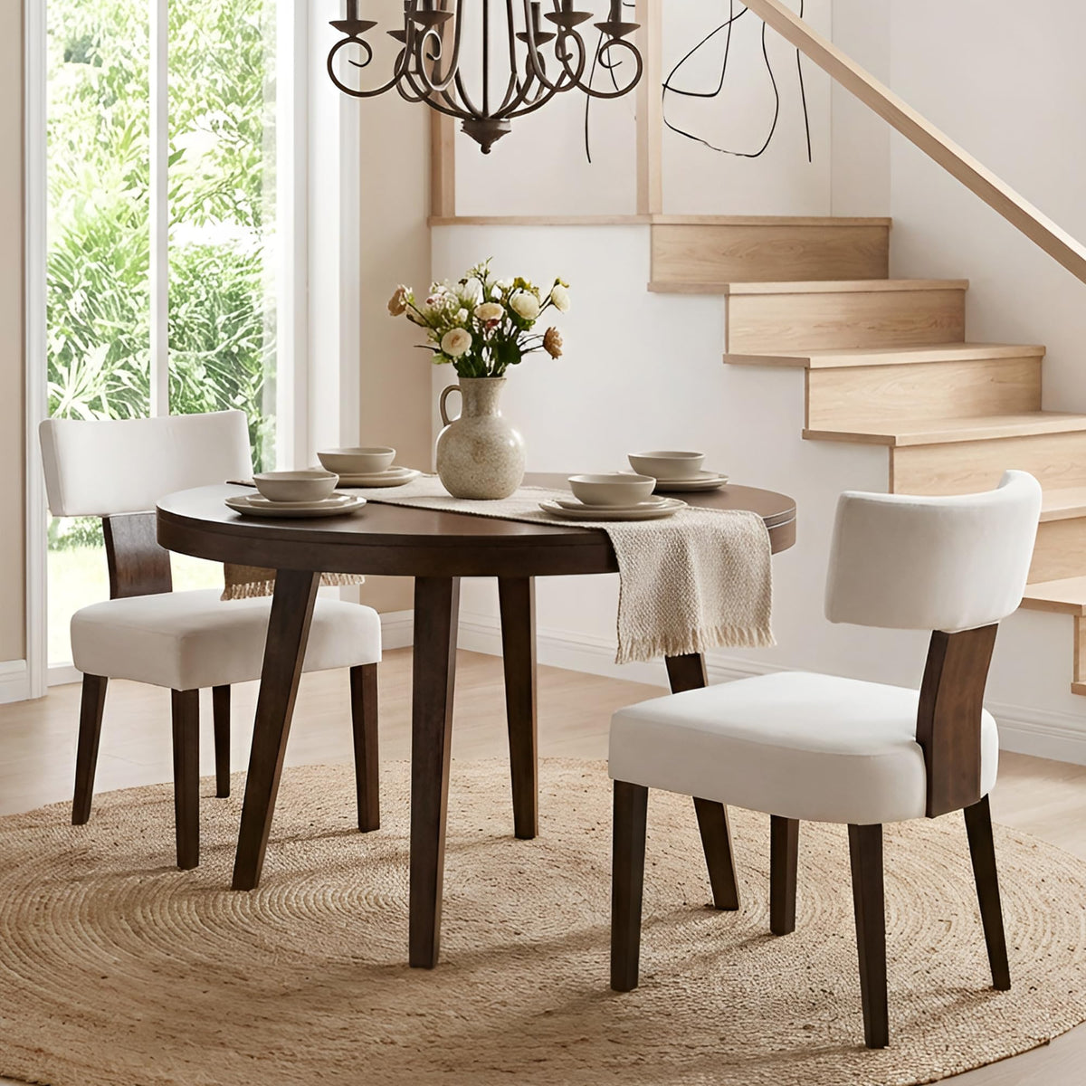 HNY Mid Century Modern Dining Chairs Set of 4, Upholstered Linen Kitchen & Dining Room Chairs with Ergonomic Curved Backrest, Solid Wood Legs, Farmhouse Accent Chair for Home, Apartment, Beige