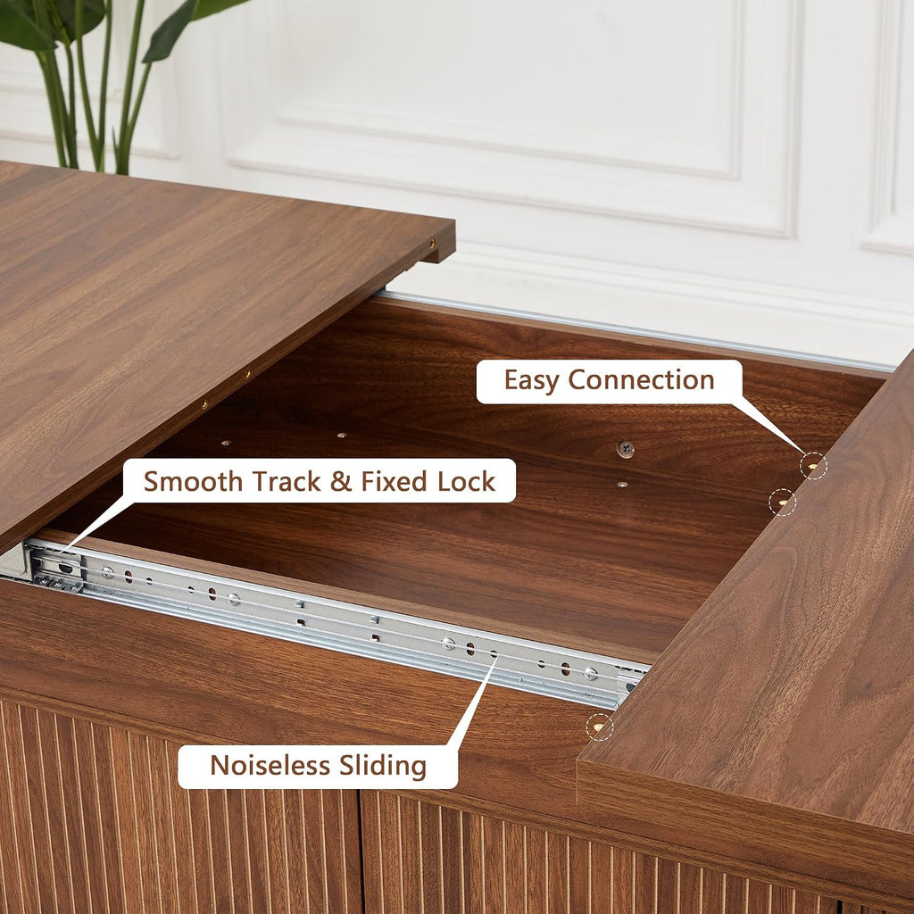 weselon 55"-71" Extendable Dining Table with Storage, Expandable Kitchen Table for 4-6, Space Saving Dining Room Table with Hidden Storage Cabinet, Adjustable Shelves & Fluted Base (Walnut)