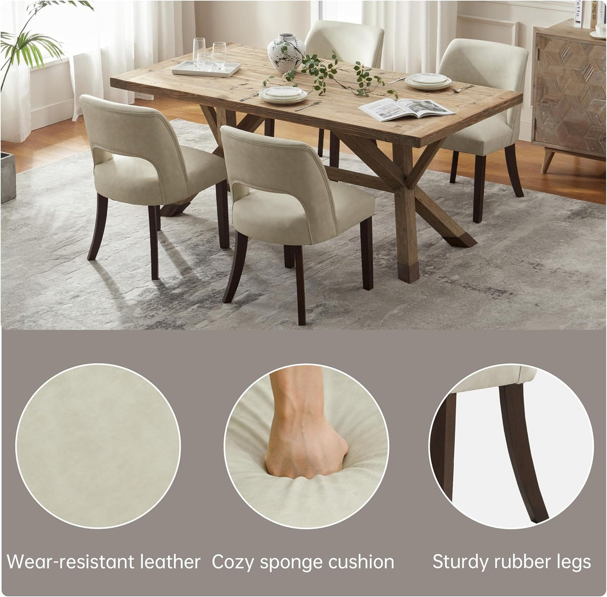 VKNOW Modern Dining Chairs Set of 4 with Rubberwood Legs, Beige