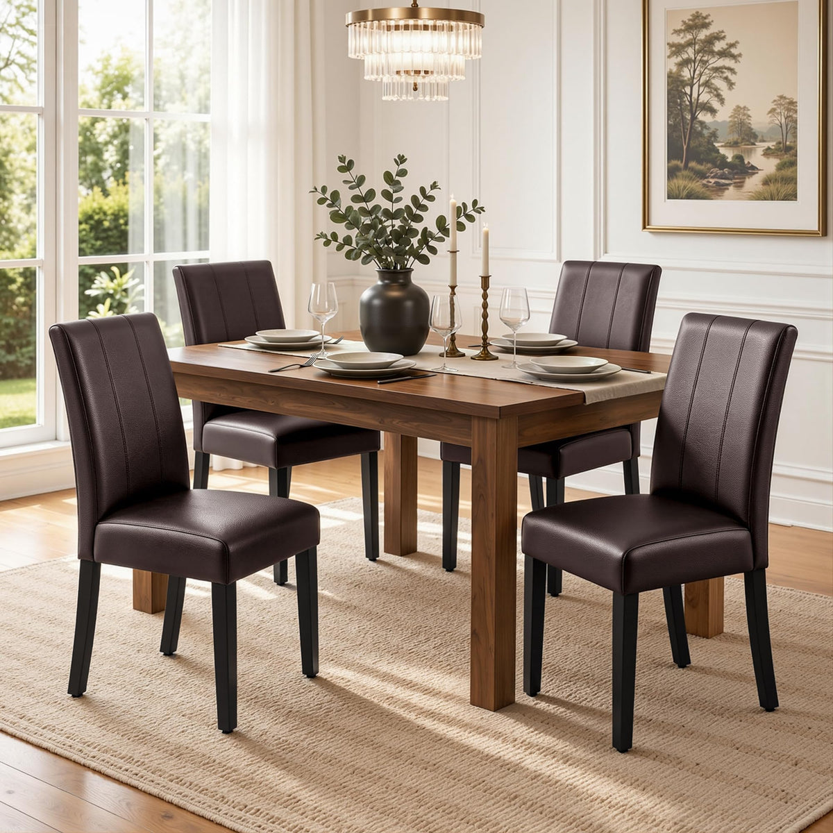 CHUN YI Dining Chairs Set of 4, Faux Leather Dining Room Chairs, Upholstered Modern Kitchen Parsons Chairs for Dining Room with Sturdy Wood Legs, Black (Only Chair)