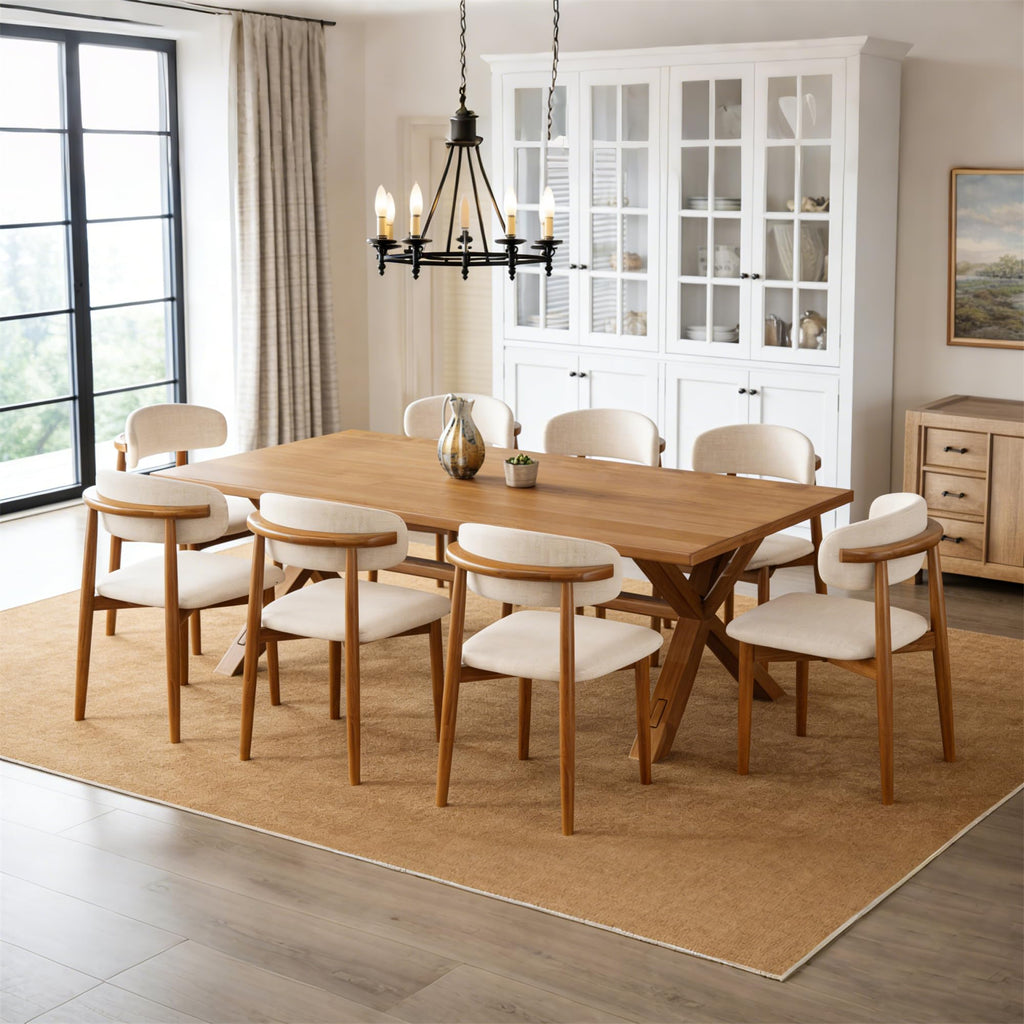 Wooden Dining Chairs Set of 4 Mid Century Modern Upholstered Farmhouse Dining Room Chair with Solid Wood Legs, Fabric Kitchen Side Chairs with Ergonomic Curved Backrest (4, Walnut + Beige)
