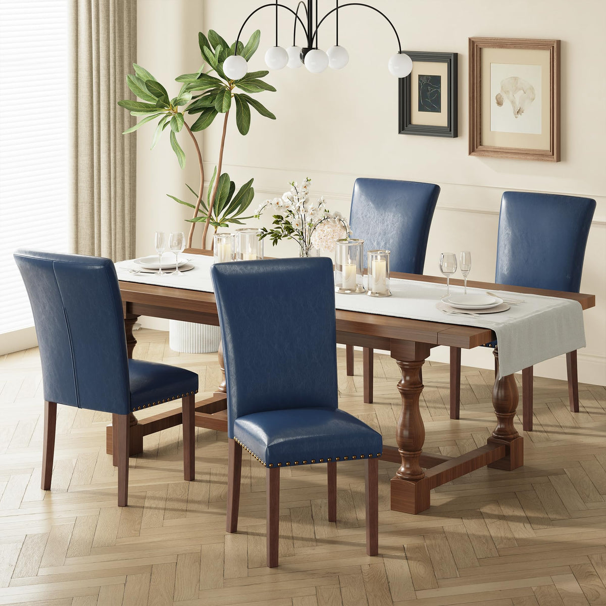 COLAMY Upholstered Parsons Dining Chairs Set of 4, Fabric Dining Room Kitchen Side Chair with Nailhead Trim and Wood Legs - Blue/White Flower
