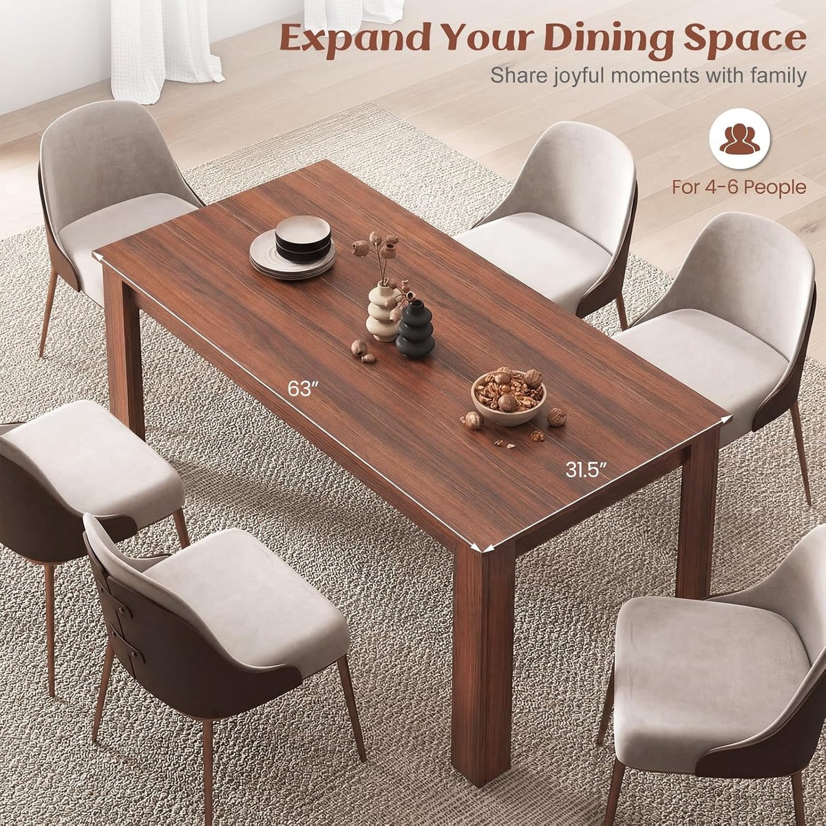 GIANTEX Dining Table for 4-6, 63" Large Rectangular Kitchen Table, Walnut