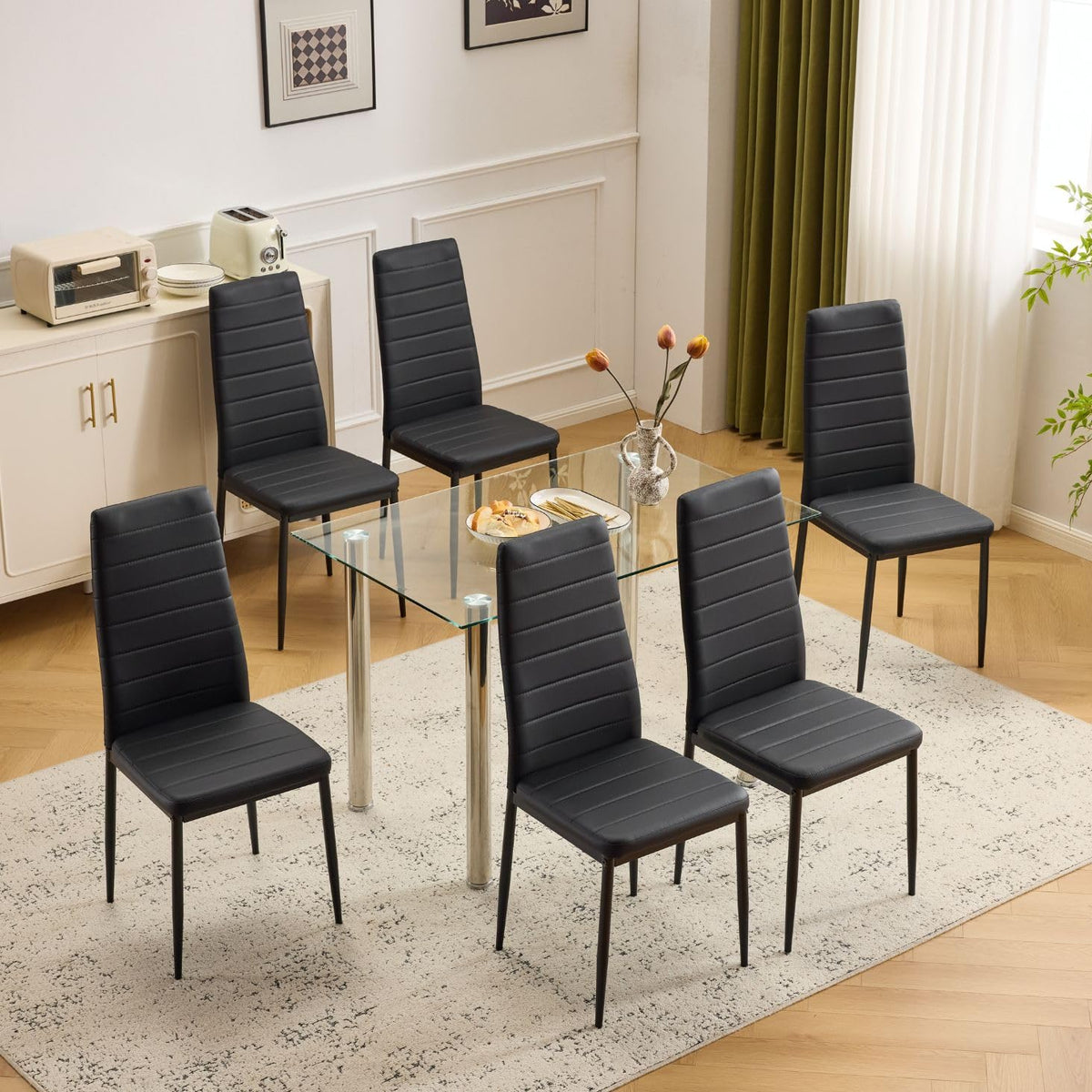 Karl home Dining Chairs Set of 4, PU Leather & High Back, Black
