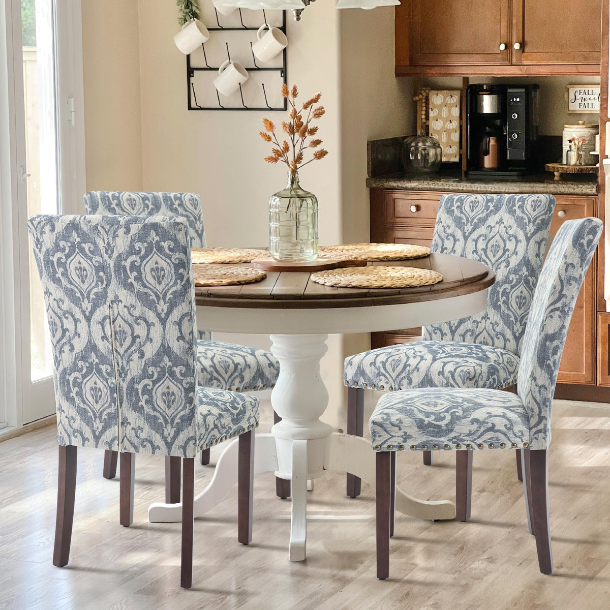 COLAMY Upholstered Parsons Dining Chairs Set of 4, Fabric Dining Room Kitchen Side Chair with Nailhead Trim and Wood Legs - Blue/White Flower