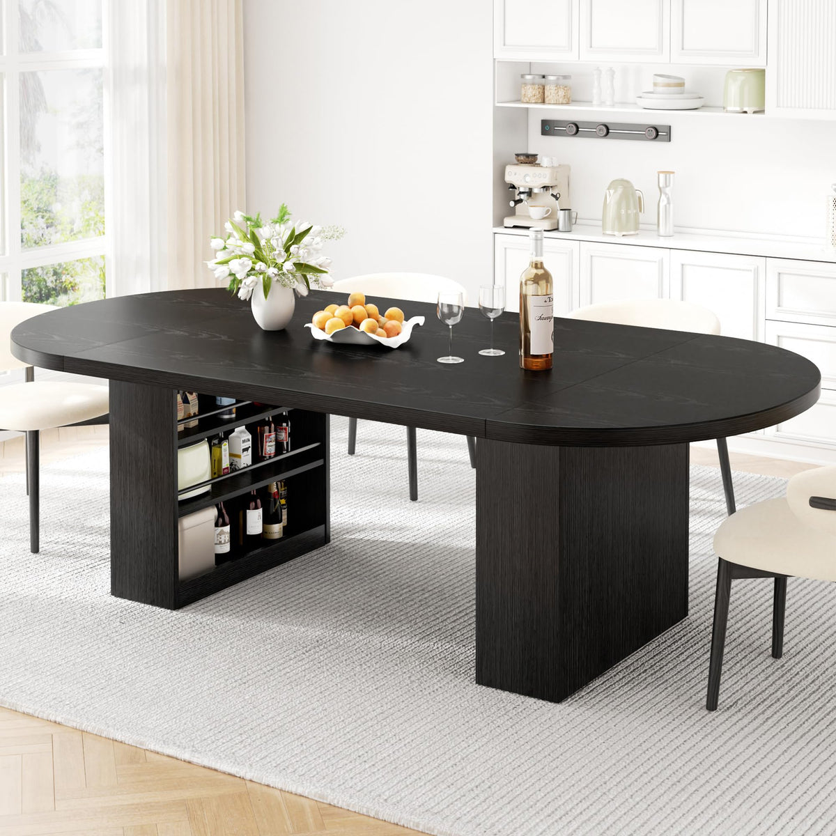 Jocoevol 70.8" Oval Dining Table for 6-8, Modern Dining Room Table with 3-Tier Storage Shelf, Wood Dinner Tables with Heavy Duty Pedestal Base for Kitchen Living Room - Walnut