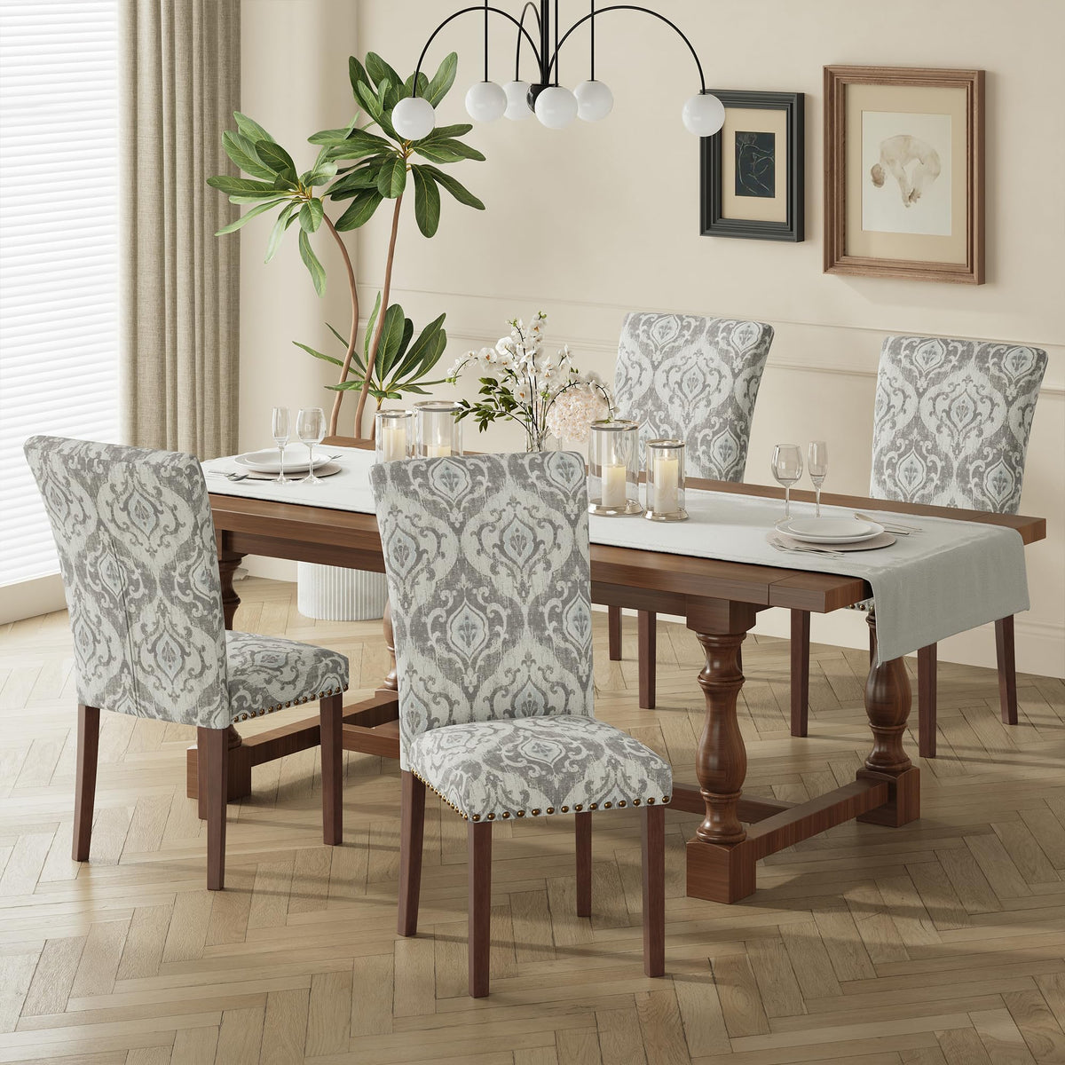 COLAMY Upholstered Parsons Dining Chairs Set of 4, Fabric Dining Room Kitchen Side Chair with Nailhead Trim and Wood Legs - Blue/White Flower
