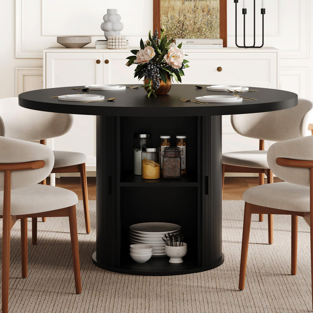 47 inch Round Dining Table for 4-6, Dinner Table with 2-Layer Storage Shelf, Morden Circle Kitchen Table with Wooden Strip Base and Wood Slide Door for Home Dining Room, Living Room, Walnut