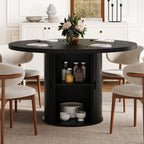 47 inch Round Dining Table for 4-6, Dinner Table with 2-Layer Storage Shelf, Morden Circle Kitchen Table with Wooden Strip Base and Wood Slide Door for Home Dining Room, Living Room, Walnut