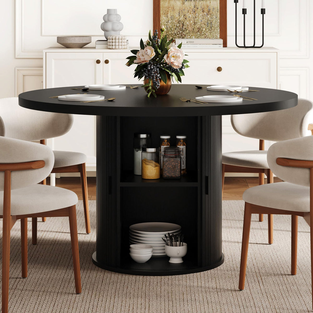 47 inch Round Dining Table for 4-6, Dinner Table with 2-Layer Storage Shelf, Morden Circle Kitchen Table with Wooden Strip Base and Wood Slide Door for Home Dining Room, Living Room, Walnut