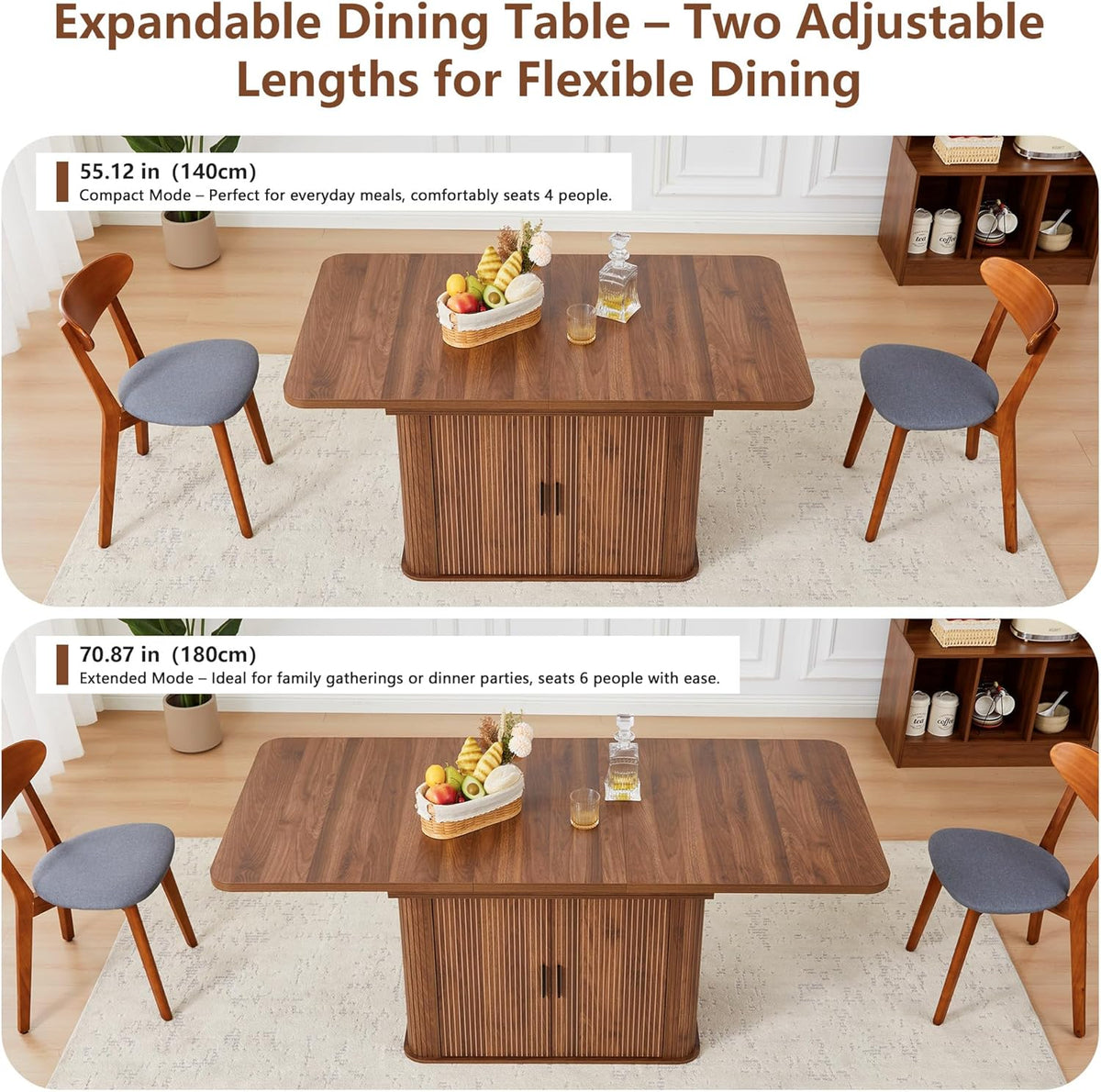 weselon 55"-71" Extendable Dining Table with Storage, Expandable Kitchen Table for 4-6, Space Saving Dining Room Table with Hidden Storage Cabinet, Adjustable Shelves & Fluted Base (Walnut)