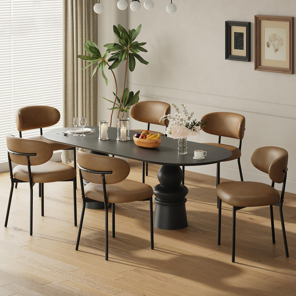 MALOL Leather Dining Chair with Armrest Set of 4, Upholstered Dining Room Chair with Curved Back and Wood Legs, Mid Century Modern Kitchen Chairs for Kitchen Dining Room,Brown