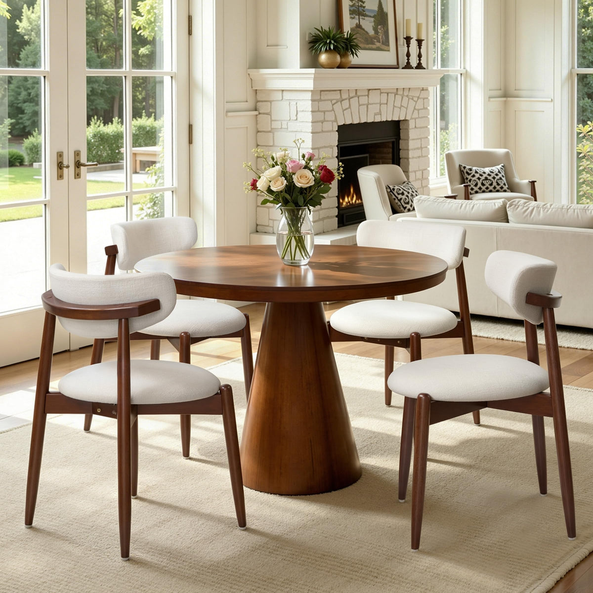 CHUN YI Dining Chairs Set of 4, Upholstered Wooden Dining Room Chairs, Mid Century Modern Fabric Kitchen Chair with Ergonomic Curved Backrest, Beige (Only Chairs)