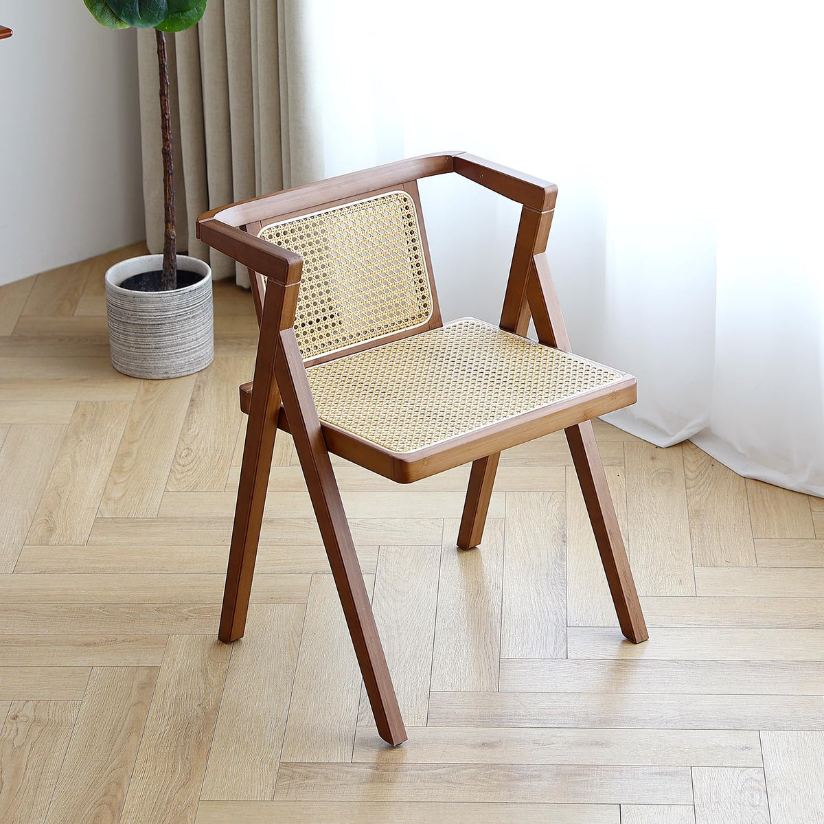 Furlide Rattan Dining Chairs Set of 2, Bamboo Armchairs in Walnut