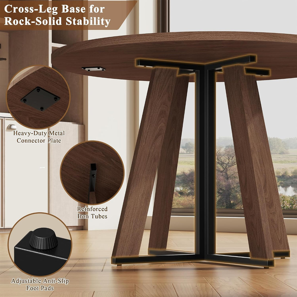 MECHYIN 42 inch Round Dining Table for 4, Farmhouse Kitchen Table, Round Dining Room Table with Metal Legs for Small Spaces & Apartment, Space-Saving Circle Wood Dinner Table, Walnut