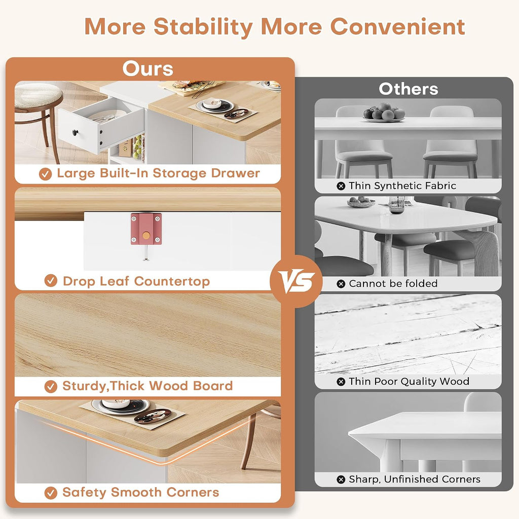 Jocoevol Space Saving Folding Dining Table for 4, Foldable Dining Table with Drawer and Storage Shelf, 6 Wheels Drop Leaf Kitchen Dining Room Table for Small Space (Natural, 47.2" x 23.6" x 29.9")