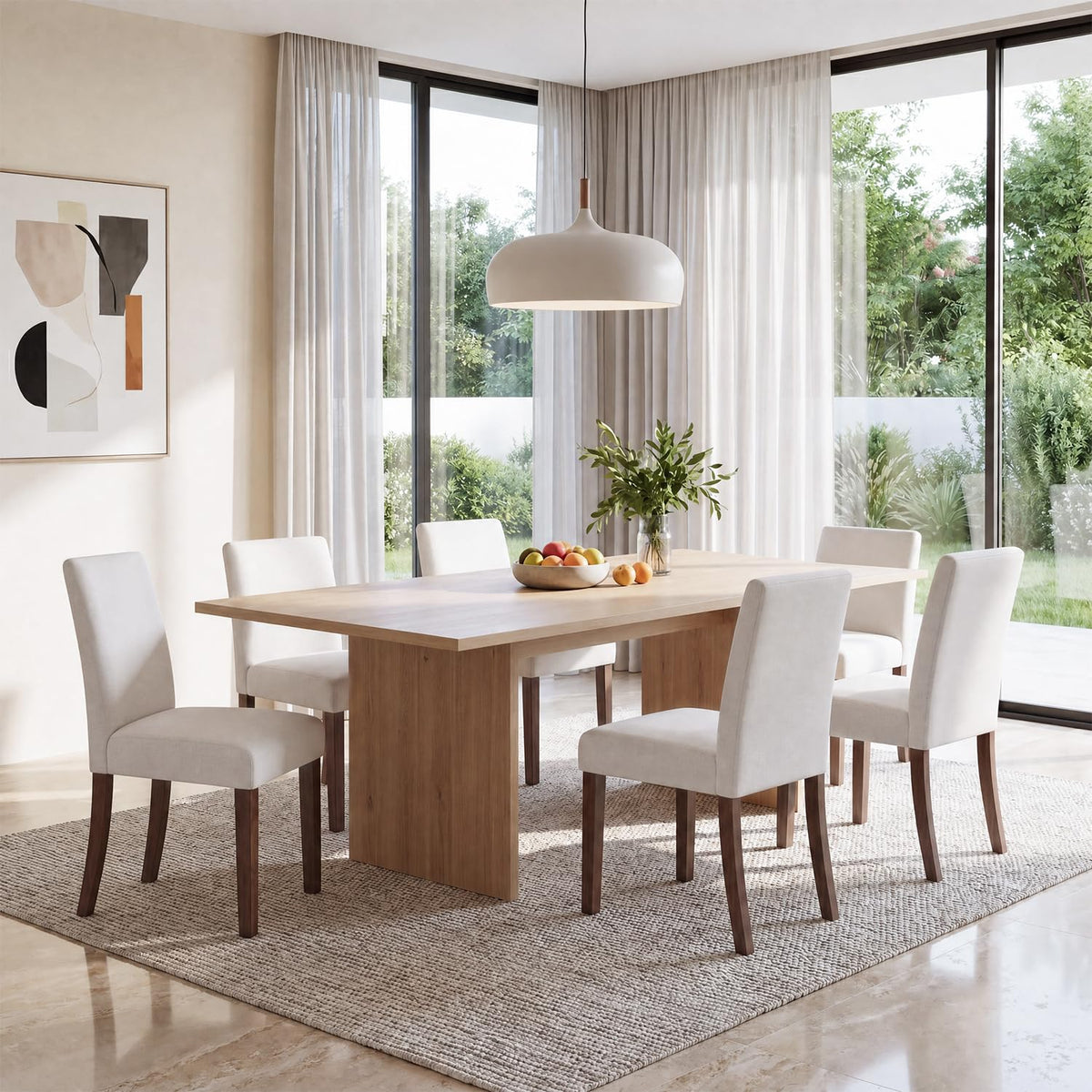 MALOL Upholstered Kitchen Chairs Set of 6, Modern Kitchen Chairs with High Back, Padded Fabric Dining Room Chair with Solid Wood Legs for Restaurant/Cafe/Home, Light Beige