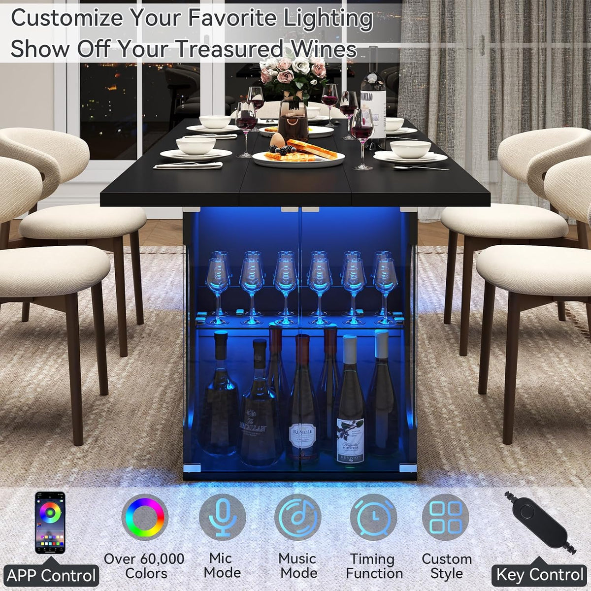 Loomie 70.8" Large Dining Table with Glass Storage Cabinet & LED Lights
