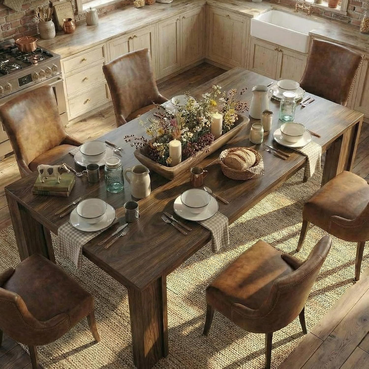 CABIHOME 71" Long Dining Table for 6-8, Rectangular Farmhouse Kitchen Dining Room Table w/Wider H Legs & Large Wooden Tabletop, Sturdy Frame, Wood Strip Base, for Apartment, Kitchen, Dining, Walnut