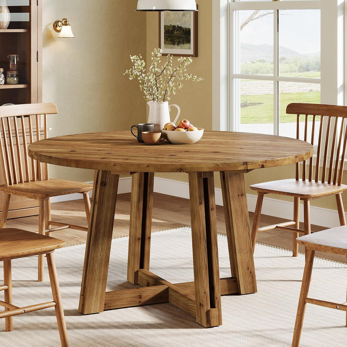 47.3" Solid Wood Dining Table for 4-6, Round Wood Kitchen Table