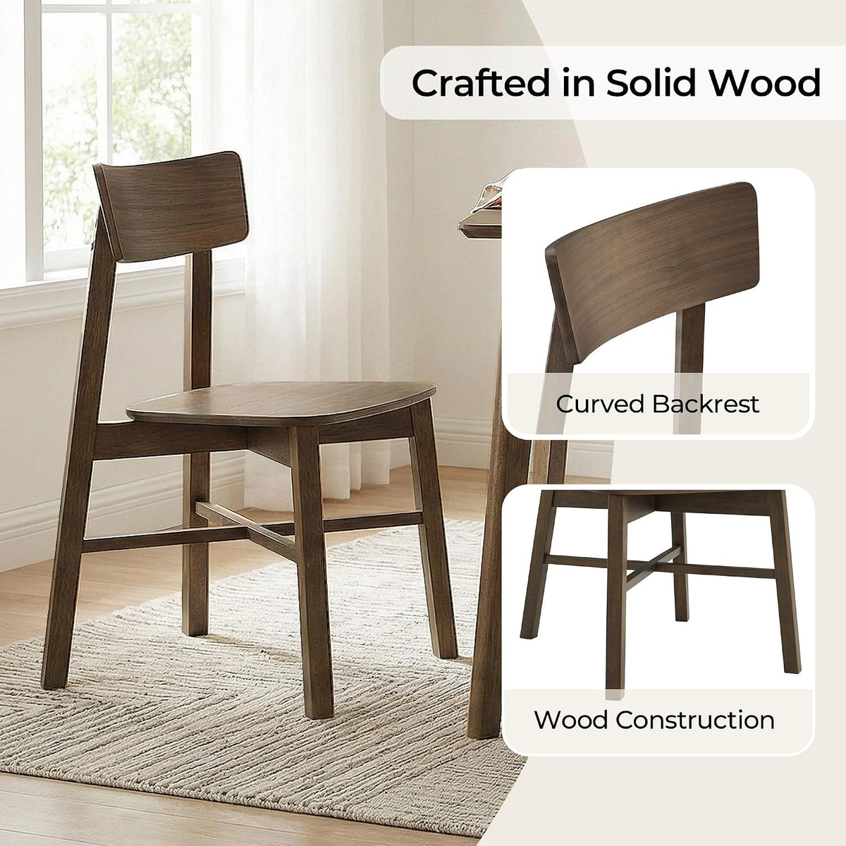 CHITA Soild Wood Dining Chairs Set of 4, Oak Wood Kitchen Chairs, Walnut
