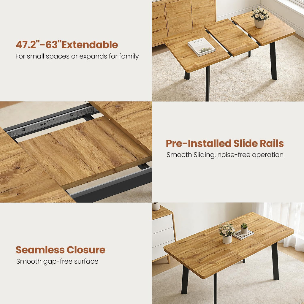 Modern 47.2"-63" Extendable Rectangular Dining Room Table, Walnut