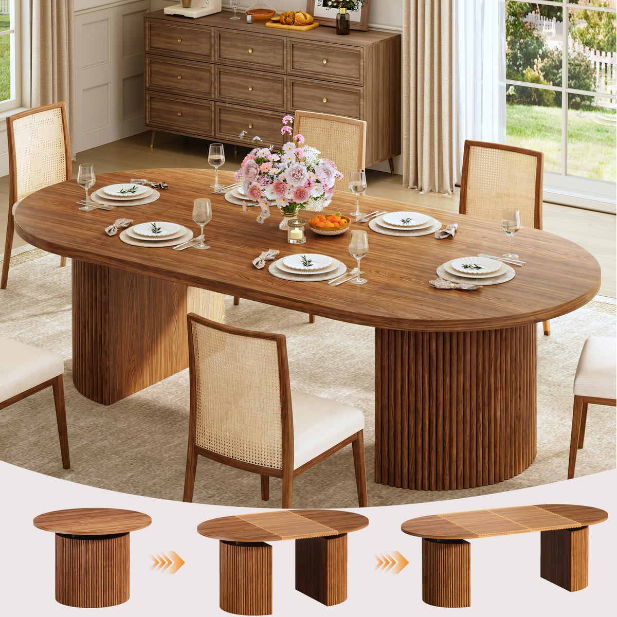 HUAHUU Extendable Round Dining Table for 4-8, 39in-77in Long Large Kitchen Table with Fluted Base, Space Saving Modern Farmhouse Oval Dinner Tables for Dining Room, Kitchen, Living Room, Natural