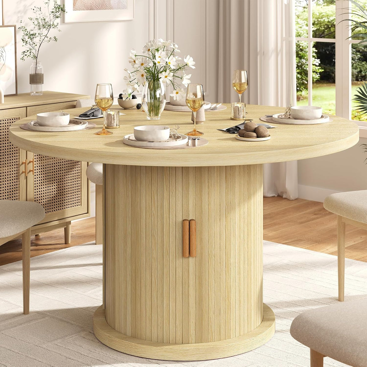 47.24" Round Dining Table for 4, Farmhouse Fluted Kitchen Tables Dining Room Circle Dinner Table, Modern Wood Kitchen & Dining Room Tables