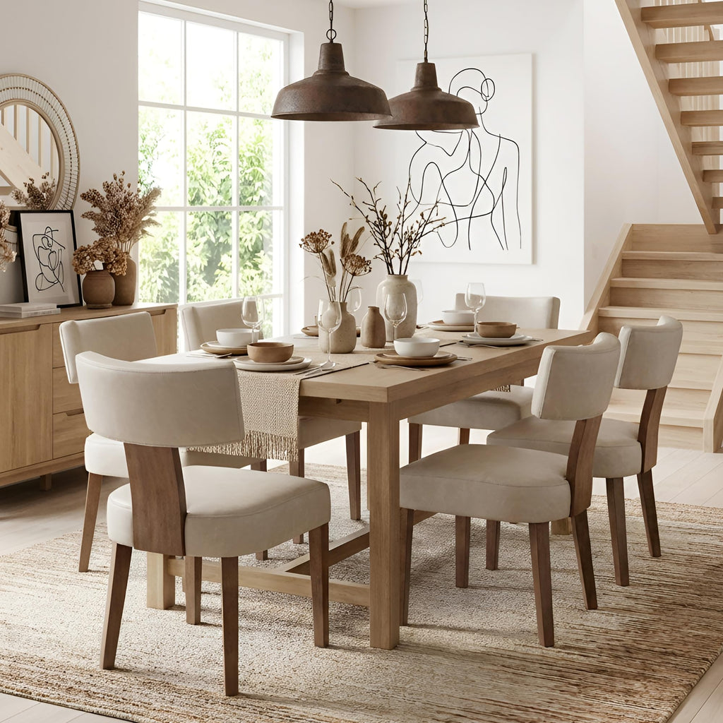 HNY Mid Century Modern Dining Chairs Set of 4, Upholstered Linen Kitchen & Dining Room Chairs with Ergonomic Curved Backrest, Solid Wood Legs, Farmhouse Accent Chair for Home, Apartment, Beige