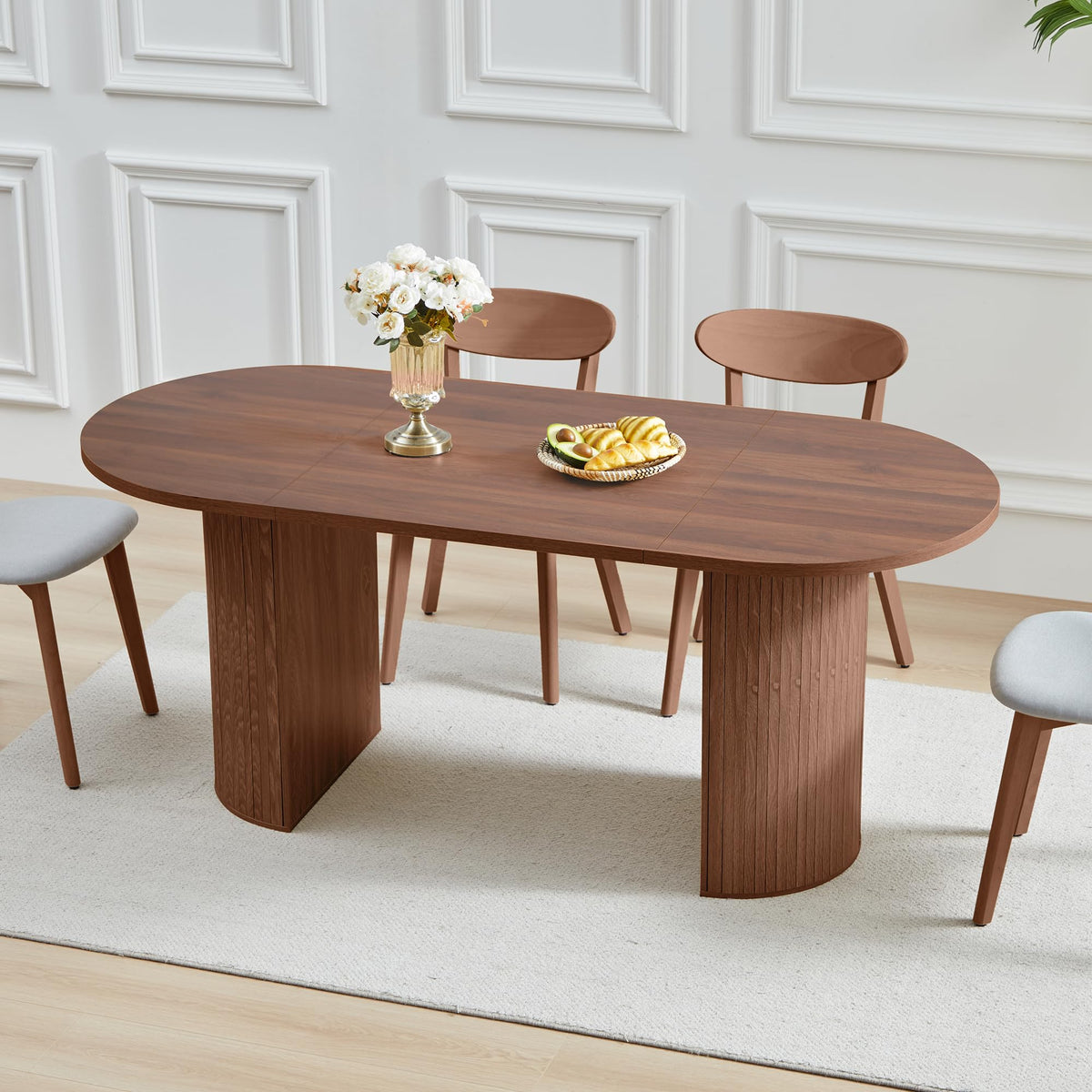 weselon 55"-71" Extendable Dining Table with Storage, Expandable Kitchen Table for 4-6, Space Saving Dining Room Table with Hidden Storage Cabinet, Adjustable Shelves & Fluted Base (Walnut)