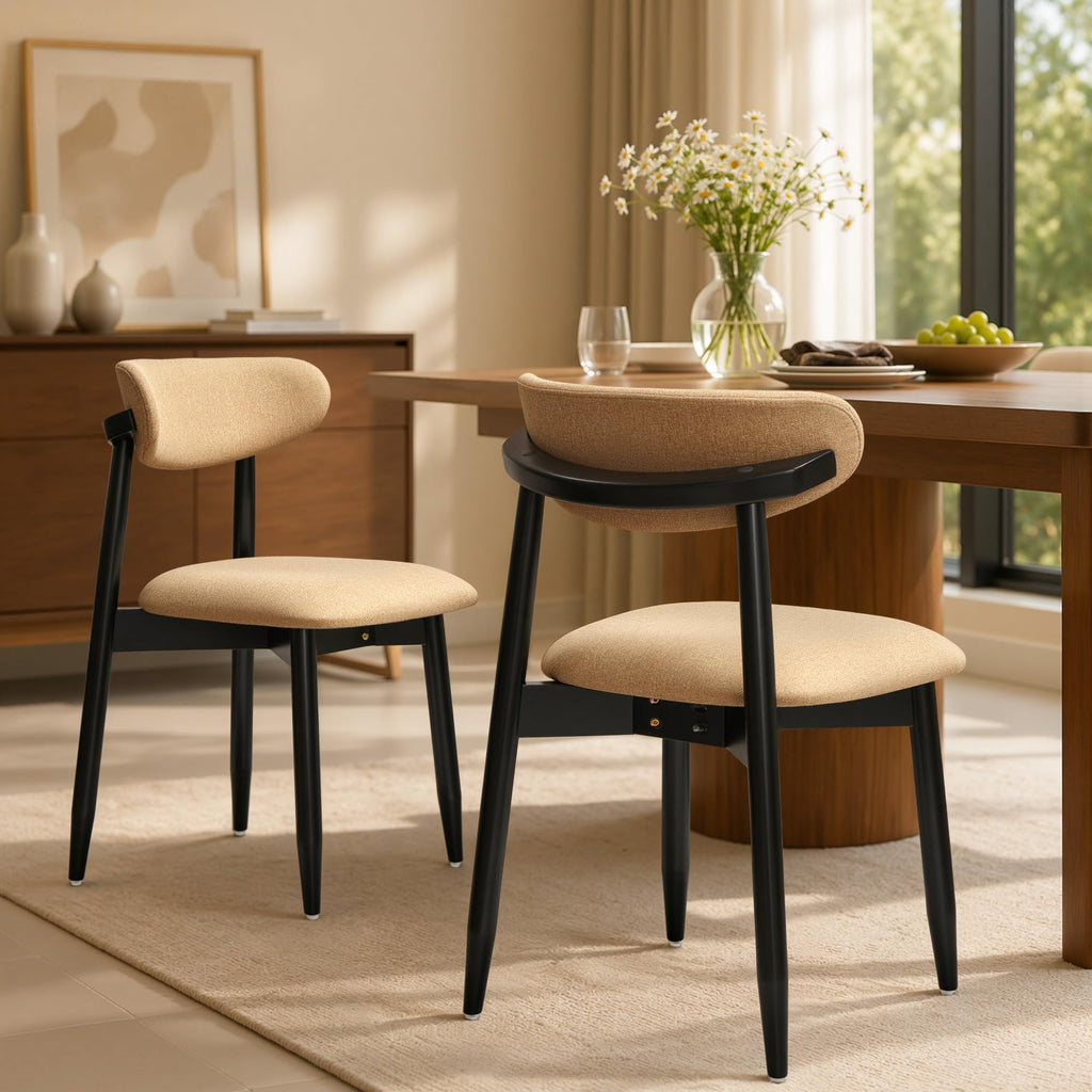 CHUN YI Dining Chairs Set of 4, Upholstered Wooden Dining Room Chairs, Mid Century Modern Fabric Kitchen Chair with Ergonomic Curved Backrest, Beige (Only Chairs)