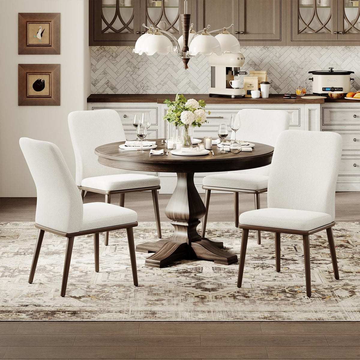 MALOL Upholstered Kitchen Chairs Set of 6, Modern Kitchen Chairs with High Back, Padded Fabric Dining Room Chair with Solid Wood Legs for Restaurant/Cafe/Home, Light Beige
