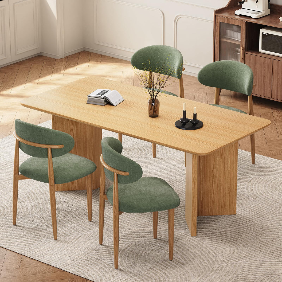 Dining Chairs, Modern Fabric Upholstered Dining Room Chair MetalKitchen Chairs, Farmhouse Dinner Chair for Kitchen Dining Room, Beige (4, Beige Seat/Wood-Grain Metal Legs)