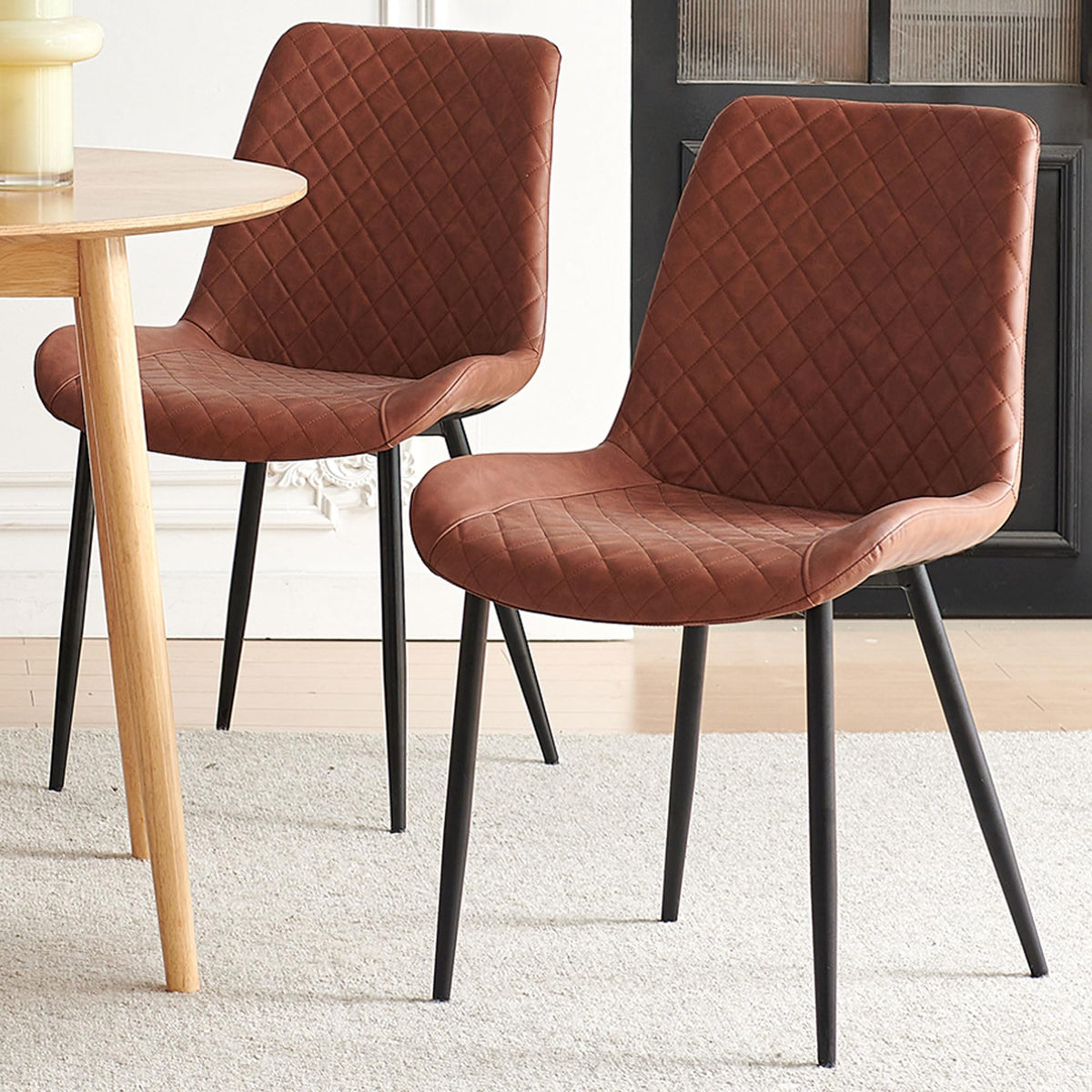 PU Leather Dining Chairs Set of 4, Modern Armless Dining Room Chairs, Comfy Upholstered Kitchen Chairs with Backrest, Black Metal Legs for Living Room, Dinning Room, Beige