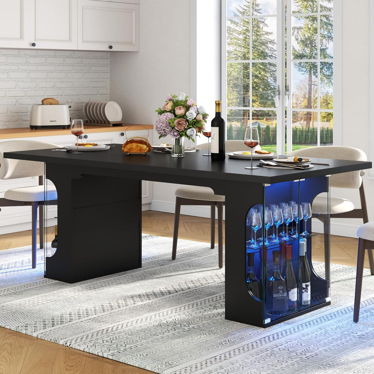 Loomie 70.8" Large Dining Table with Glass Storage Cabinet & LED Lights