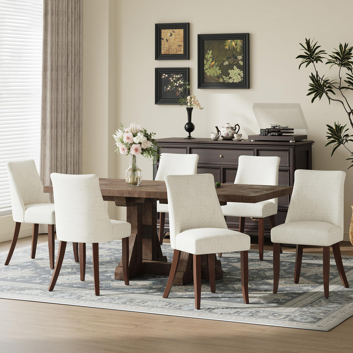 COLAMY Upholstered Dining Chairs Set of 6, Mid Century Modern Kitchen Chairs with Back, Farmhouse Fabric Side Dining Room Chairs with Wood Legs for Dining Room Restaurant, Brown