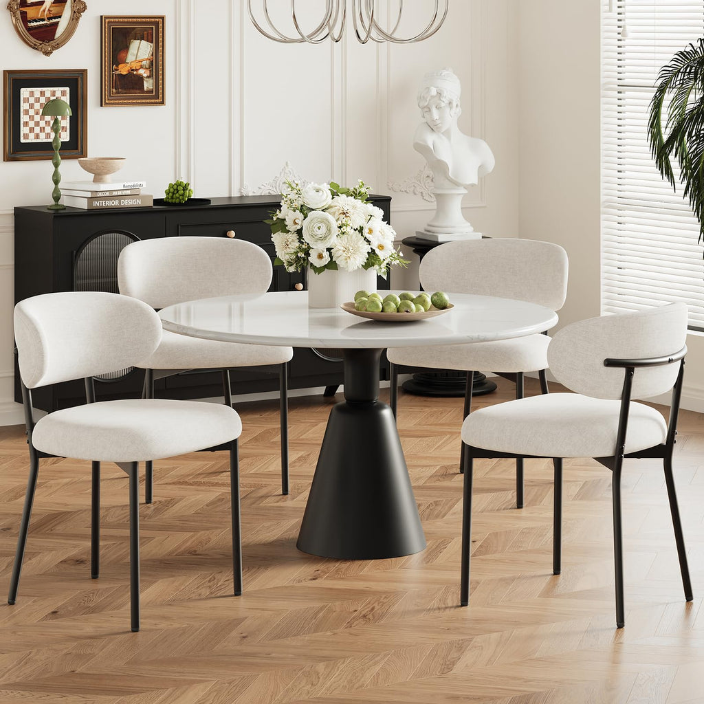 MALOL Leather Dining Chair with Armrest Set of 4, Upholstered Dining Room Chair with Curved Back and Wood Legs, Mid Century Modern Kitchen Chairs for Kitchen Dining Room,Brown