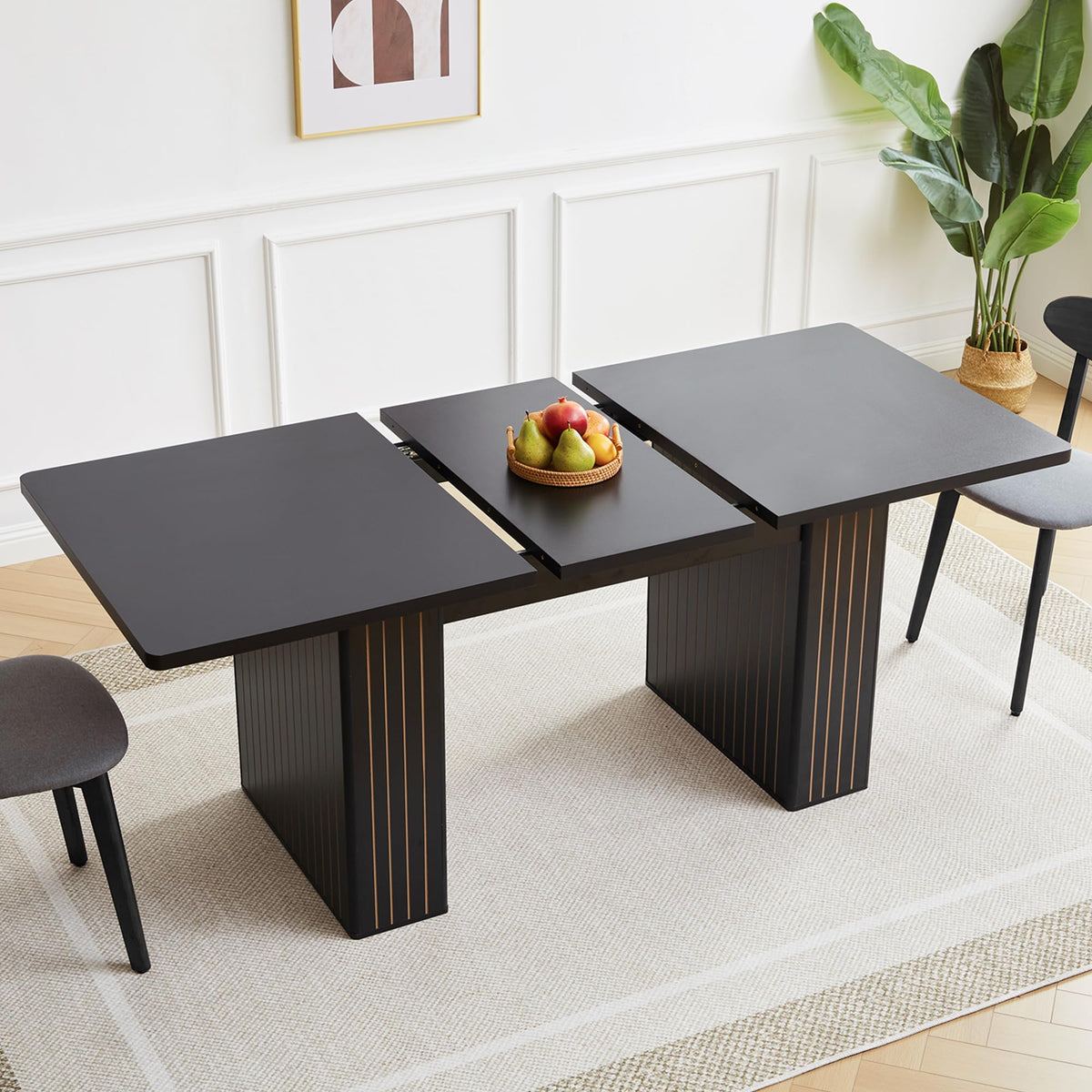 weselon 55"-71" Extendable Dining Table with Storage, Expandable Kitchen Table for 4-6, Space Saving Dining Room Table with Hidden Storage Cabinet, Adjustable Shelves & Fluted Base (Walnut)