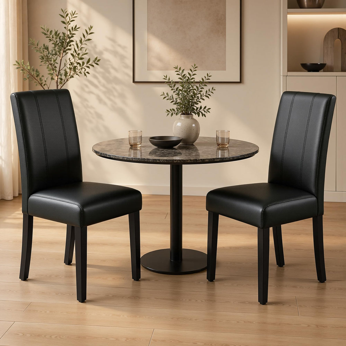 CHUN YI Dining Chairs Set of 4, Faux Leather Dining Room Chairs, Upholstered Modern Kitchen Parsons Chairs for Dining Room with Sturdy Wood Legs, Black (Only Chair)