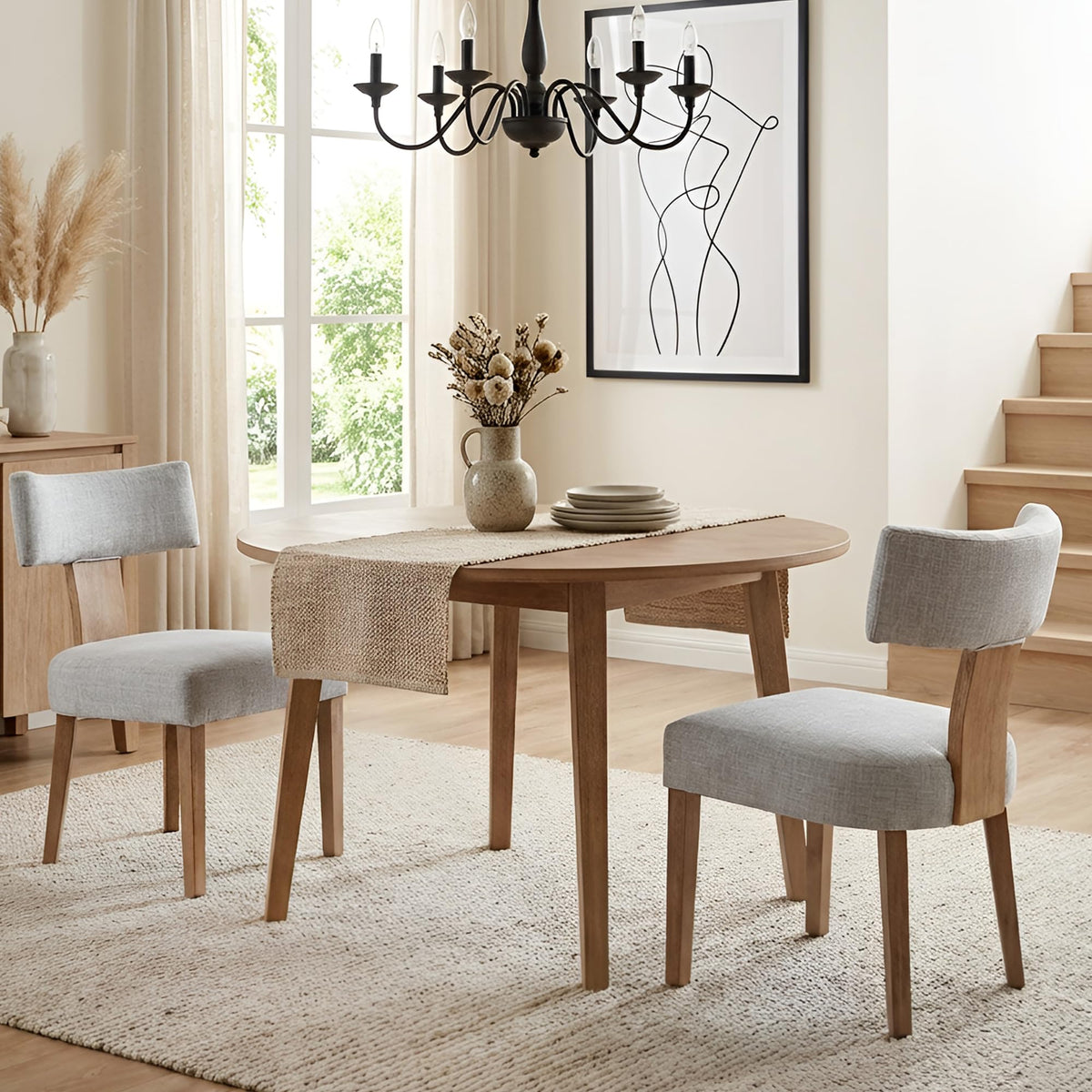 HNY Mid Century Modern Dining Chairs Set of 4, Upholstered Linen Kitchen & Dining Room Chairs with Ergonomic Curved Backrest, Solid Wood Legs, Farmhouse Accent Chair for Home, Apartment, Beige