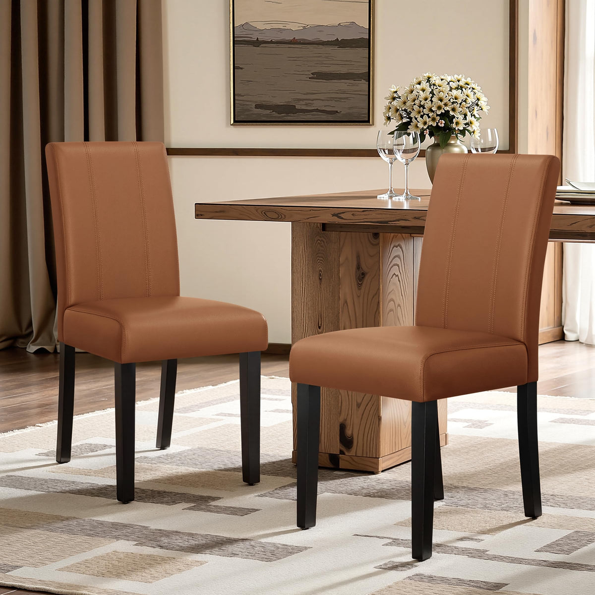 CHUN YI Dining Chairs Set of 4, Faux Leather Dining Room Chairs, Upholstered Modern Kitchen Parsons Chairs for Dining Room with Sturdy Wood Legs, Black (Only Chair)