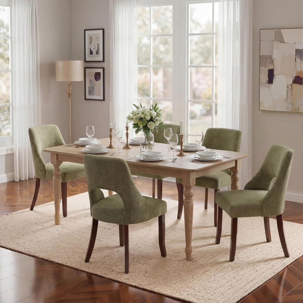 UVV Wooden Dining Chairs Set of 2, Mid Century Modern Chenille Upholstered Dining Room Chair Kitchen Chairs, Farmhouse Dinner Chair with Solid Wood Legs for Kitchen Dining Room, Green